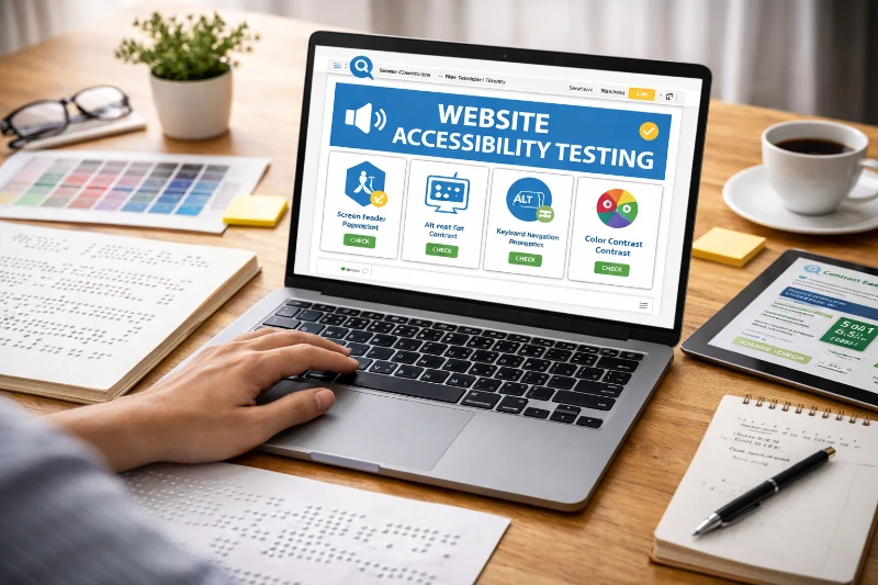 A person using a screen reader and keyboard to navigate an accessible website